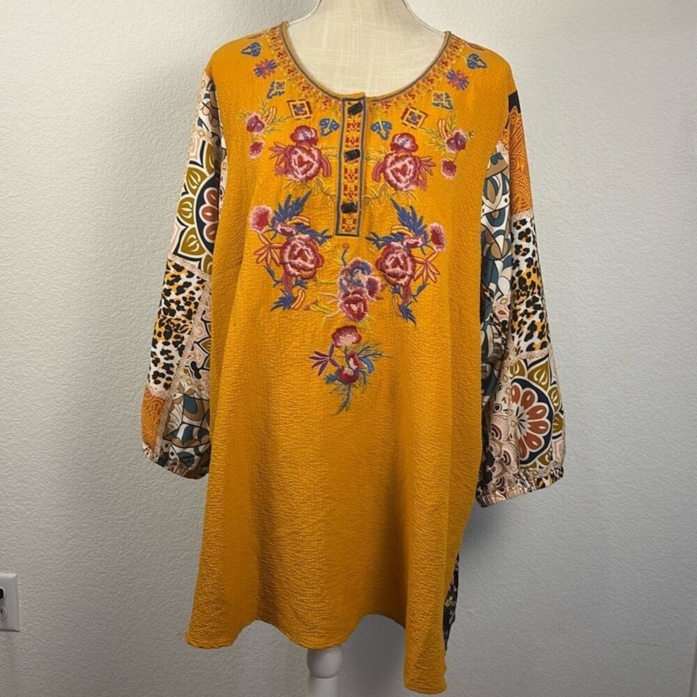 Caleaas Embroidered Floral Yellow Women's Tunic Top Cotton Blend Shirt 2X Boho